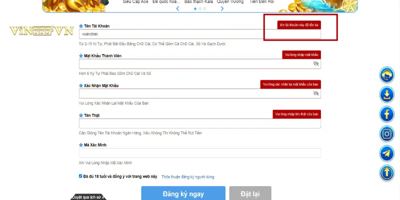 Báo lỗi tên đăng nhập khi đăng ký vin777